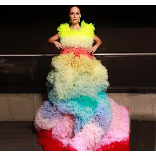 Sweet Colorful Extra Puffy Tulle Dresses Women Long Candy Rainbow Dress Tiered Ruffle Pleated Ball Gown Prom Dress Girls Custom