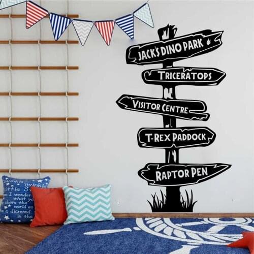 Custom Name Jurassic Dinosaur Signpost Wall Decal Boy Room Playroom Retro Dino Animal Road Sign Wall Sticker Kids Room Vinyl