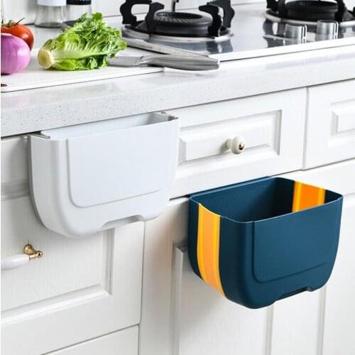 Wall Mounted Folding Waste Bin Kitchen Hanging Trash Bin Small Plastic Foldable Garbage Can Attached To Cabinet Storage Box