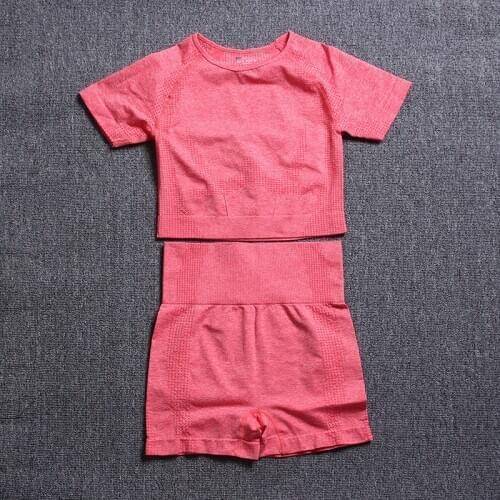 New Womens Sportswear Yoga Set Workout Clothes Athletic Wear Sports Gym Legging Seamless Fitness Crop Top Short Sleeve Yoga Set