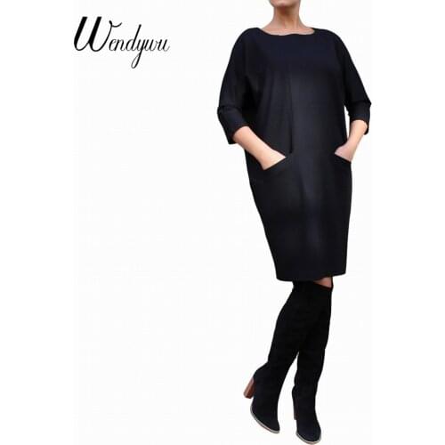 Wendywu Novelty Fashion Casual Three Quarter Sleeve Pockets Black Knee-Length Loose Dress