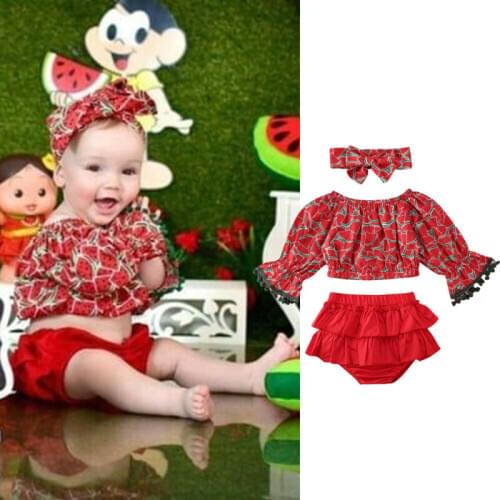 Newborn Baby Girls Clothes off shoulder Watermelon print pullover Tops Ruffle solid Shorts bow Headband 3pc Outfit