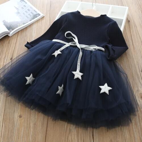 Autumn Winter Girls Dress Cotton Long Sleeve Patchwork Tulle Gown Birhtday Party Pentagram Vestidos Kids Dresses for Girls