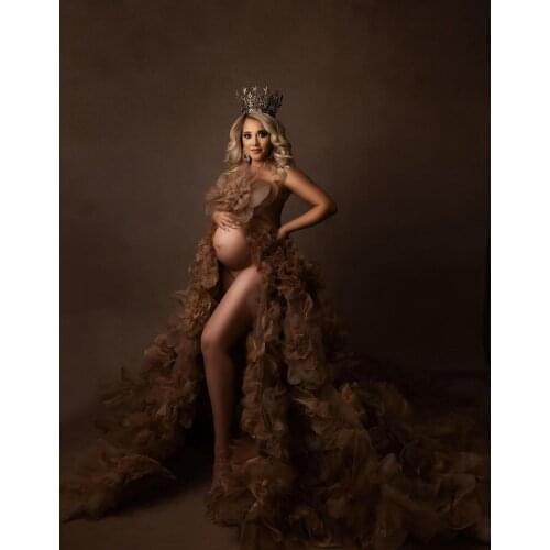 Luxury Flowers Tulle Matenrity Gowns Strapless High Slit Women Pregnancy Dresses Custom Made Plus Size With Train