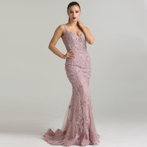 Pink Sexy Elegant Evening Dresses 2020 Lace Pears Diamond Mermaid Formal Evening Dress Real Photo LA6355