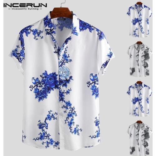 INCERUN Chinese Style Men Shirt Floral Print Lapel Neck Short Sleeve Slim Fit Retro Tops Men Casual Brand Shirts 2021 Camisa 5XL