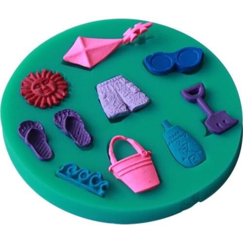 Silicone 3D Happy Summer Beach Vocation Sun Kite Sea Wave Slipper Shorts Fondant Decorating Mould Kitchen DIY Tools Soap Mold