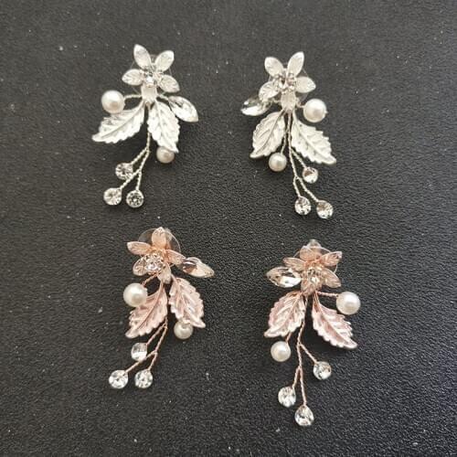SLBRIDAL Handmade Rhinestones Crystals Pearls Flower Leaf Wedding Dangle Earrings Bridal Drop Earrings Women Girls Jewelry
