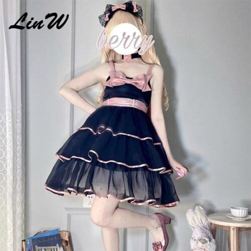 Japanese Soft Girls Lolita JSK Dresses Sweet Women High Waist Bow Layered Ruffles Sleeveless Straps Midi Length Party Summer New