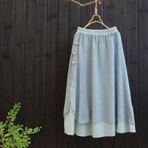 6593 New Summer Women Skirt China Style Vintage Double Layer Cotton And Linen Literary Loose Skirts Women