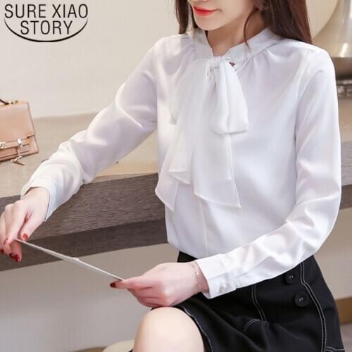 New 2021 Autumn Fashion Women Chiffon Blouses Solid Elegant Women Clothing Long Sleeve Casual Women Tops Bow 6259 50