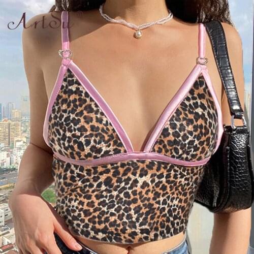 ArtSu Blue Pink Leopard Print Y2K Bandage Crop Top Women V Neck Sexy Spaghetti Strap Cami Tops Tees Summer Streetwear 90s