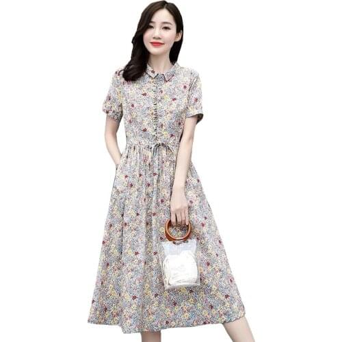 Women Elegant Summer Dresses New Fashion Print Long Vestido Short sleeve Plus size Loose High quality Cotton Linen Dress OK650