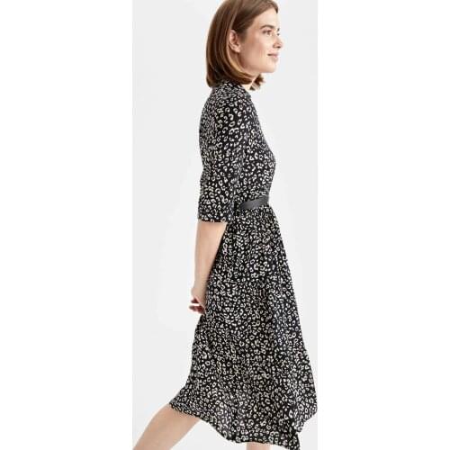 DeFacto Leopar Desenli Kemer Detaylı Midi Gömlek Elbise-V6553AZ21AU