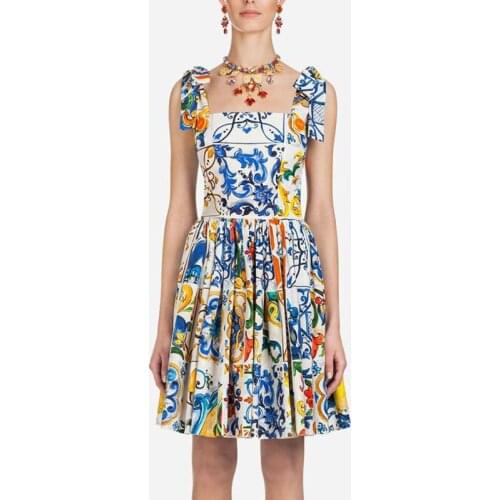 Runway Women Summer Dress Bow Spaghetti Strap Backless Blue and White Porcelain Floral Print Mini Dress Vestido Mujer Verano