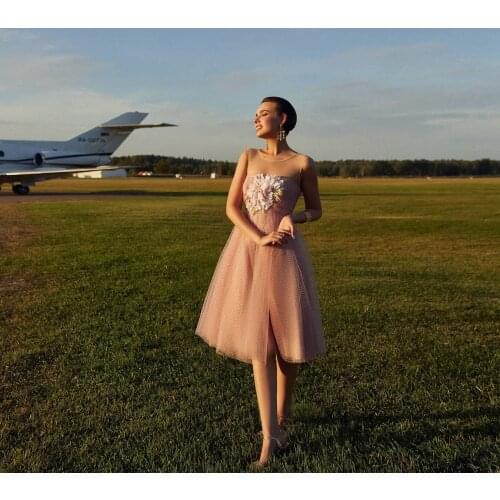 Elegant Pink Women Dress Tulle Flower Flecks Knee Length Dresses Strapless Thru Halter Straps A-line Dress Custom Made