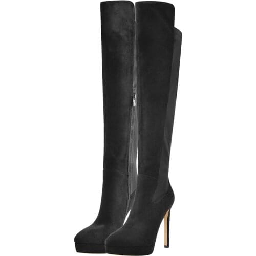 Richealnana Winter Women Fashion Platform Stiletto High Heel Boots Black Faux Suede Zipper Stretch Over The Knee High Shoes