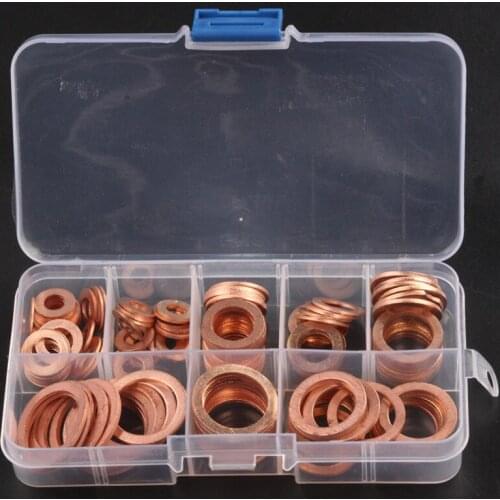 120pcs 8 Sizes Solid Copper Washers Sump Plug Assortment Washer Set Plastic Box Professional Hardware Accessories