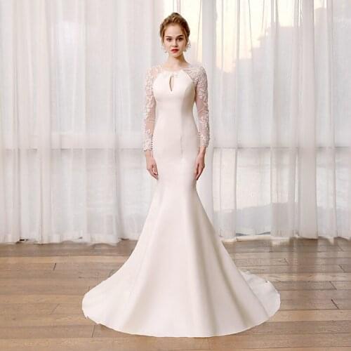 SL6817 cheap satin wedding dresses mermaid off white bridal gown with long sleeves pearls vestidos formales bridal dress vintage