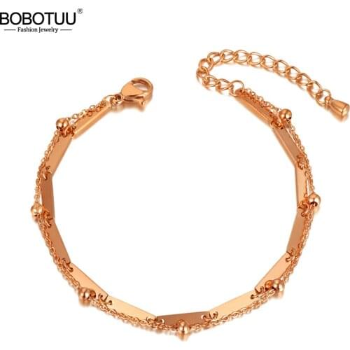 BOBOTUU Hiphop/Rock Double Layer Stainless Steel Round Beads Charm Bracelets For Women Bohemia Rose GOld Chain Bracelet BB20044