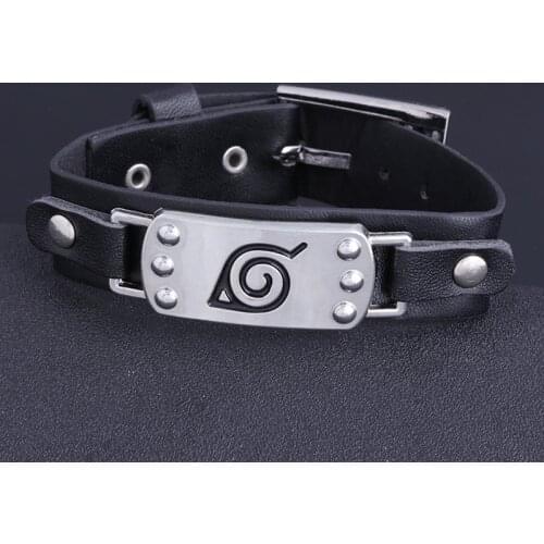 Anime Bracelet Konoha Leaf Logo Wrist Belt Buckle Style Black Pu Leather Cuff Bangle Bracelets for Men Jewelry Gift