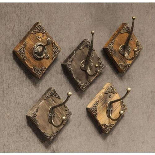 4PCS Wooden Hanging Hooks With Iron Wall Decoration Hanger Rack Vintage Classic Style For Coat Hat Key Holder Home Decoration