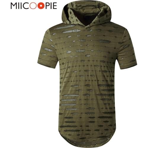 Harajuku Hip Hop Hooded T Shirt Men Women 2020 Summer Vintage Hole Design Solid Color Short Sleeve Pullover T-shirt Sweatshirt