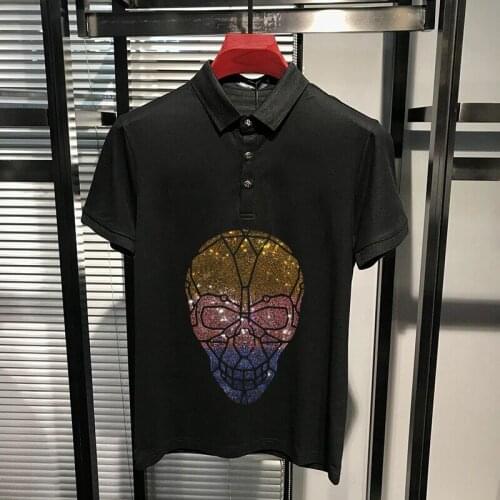 Exquisite Mens Polo Shining New Skull Rhinestone Shirt Anti-Pilling Stage Design Quick Dry Lapel Hip Hop Short-Sleeved