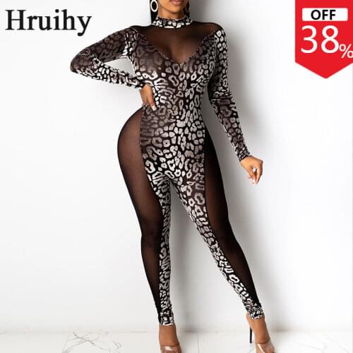 Jumpsuit and Romper Long Sleeve Print Mesh Patchwork See Through Sexy Overalls Evening Party Night Clubwear Womens Jumpsuit