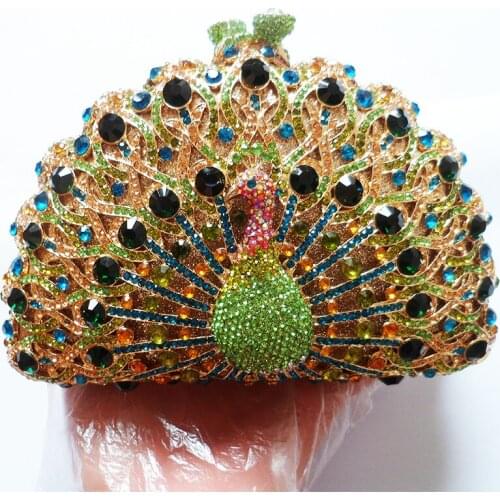 Best Designer Green Rhinestone Women Clutch Bags And Purses Muti-colored Diamond Crystal Peacock Shape Lady Gemestone Clutches