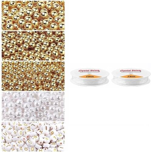 1800Pcs Beads Making Kit, Gold Round Spacer Beads, Alphabet Beads, White Pearl Beads And Elastic String For DIY Bracelet