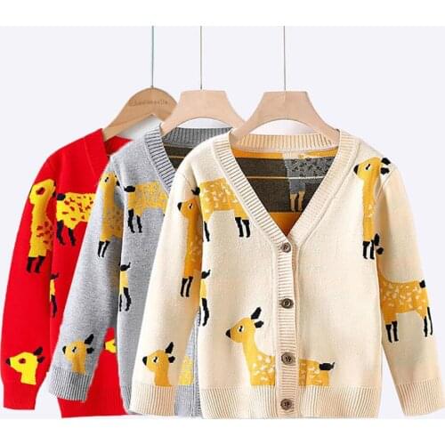 VOGUEON New Autumn Long Sleeve Knitted Cardigan for Kids Cartoon Pattern V-neck Boys Girls Sweater Vintage Clothing Children