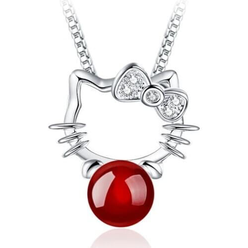 925 Sterling Silver Red Black Gem Cat Crystal Pendant Neckace For Women Gift 45cm Box Chain choker collares