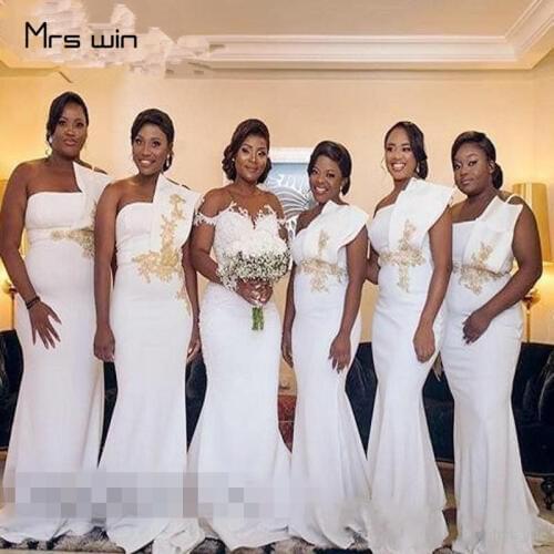 Mrs win Bridesmaid Dress White Embroidery Gold Lace Wedding Party Dresses Under 50 Plus Size Long Mermaid Vestido Madrinha HR127