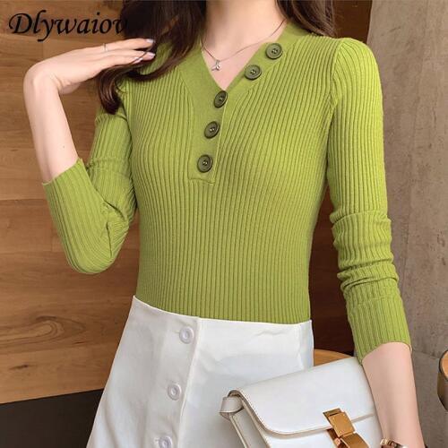 Sweater Women Pullover V-neck Button knited Tops 2020 Autumn Winter Warm Sweater Female Sweater Soft Elastic Pull Femme 9 Colors
