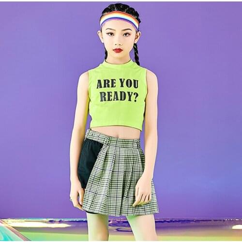 Girls' Jazz Performance Dance Clothes Green Vest Skirt Outfits Hip Hop Suit Street Cheerlead Modern Dance Costume Kids DNV14659