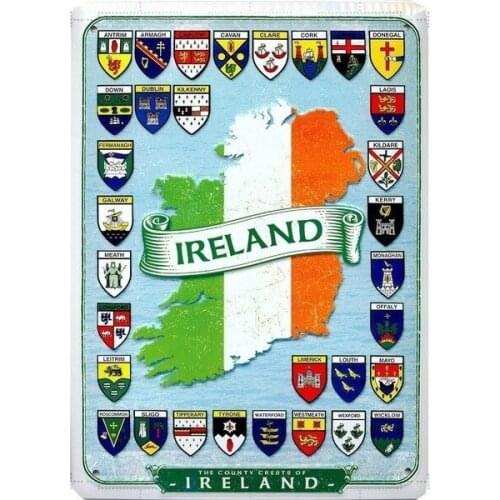 Retro wall decoration home decoration Ireland Map and County Crests on Irish Embossed Metal Sign for coffee Bar Club room decor