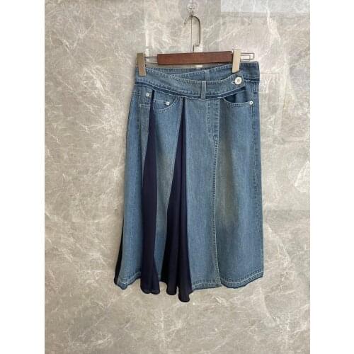 Fashion New Summer Women Mesh Patchwork Denim Pleated Casual Midi Skirt 2 Color For Female Tutu