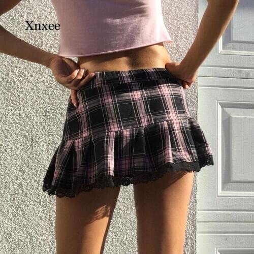 Pink Striped Plaid Y2K Skirts Womens Preppy Style Lace Trim Hem School Girl Clothes Dark Academia Aesthetic Mini Skirt Clothing