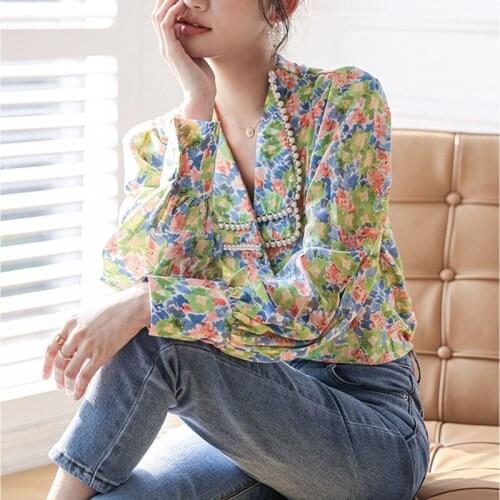 QOERLIN Double Layed Collar Beading Shirts Women Plus Size Single Breasted Long Sleeve Printed Floral Blouse Plus Size 2XL Tops