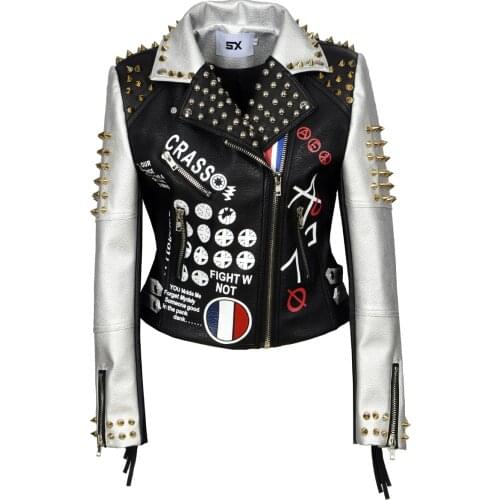 Punk Womens Fashion PU Leather Color Print Letter Pattern Graffiti Jacket Rivet Badge Eagle Ornaments Slim Tassel Bomber Coat
