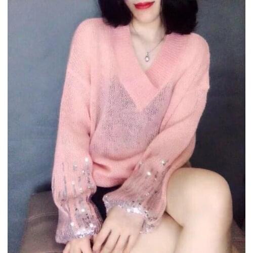 Solid Color Lantern Sweater Casual Loose Pullover v-neck Spring Autumn Sleeves Sequined Sweaters Vestidos