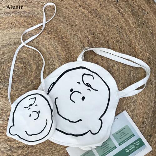 Alasir Circular Round Cartoon Canvas Shoulder Bag Concise Cute Crossbody Bags Girl Reusable Shopping Bag Round Canvas Handbag
