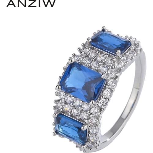 ANZIW Sterling Silver Radiant Cut 5*7mm Lab Created Sapphire Fashion Classic Three Stones Ring for Women Jewelry Gifts