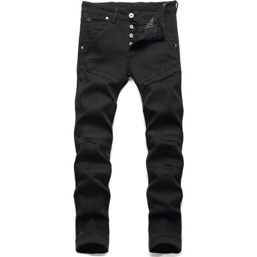New Style European and American Denim jeans Hole Stitching Black Regular Fit Feet Stretch Mens Motorcycle Jeans