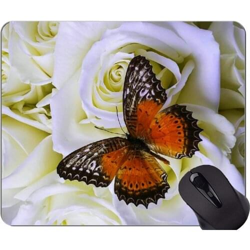 Gaming Mouse Mat,Rose art flower butterfly -Stitched Edges