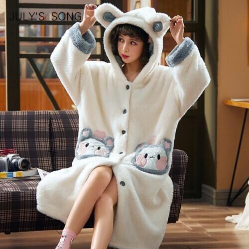 JULYS SONG Warm Winter Bathrobe Thick Coral Fleece Cardigan Sleepwear Comfort Hooded Long Version Homewear Bathrobe