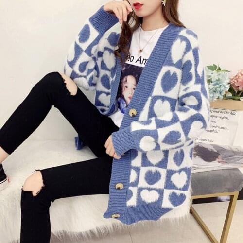 Long Cardigan Female 2019 Autumn Winter Women Long Sleeve Loose Casual Heart pattern Mohair Sweater Knitted Cardigans For Women