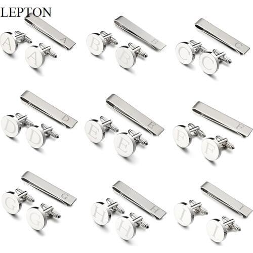 Lepton Laser Letter A ~ Z Cufflinks And Tie Clips Set Letters A To Z Cuff links For Mens Shirt Cuffs Cufflink Relojes Gemelos