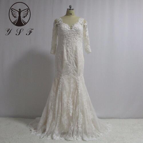 Fashion O Neck Appliqued Lace Three Quarter Sleeve Mermaid Sheer Back Sweep Train Wedding Dresses